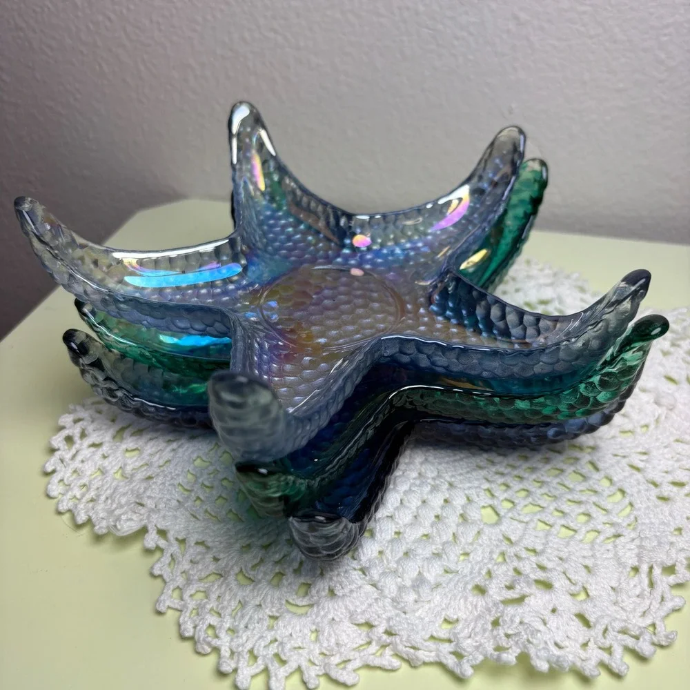 Vintage Set of 3 Blue Starfish Trinket Dish Mermaidcore Iridescent Glass
